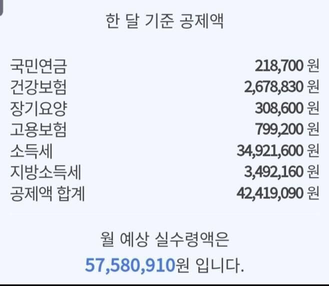 월급 1억원의 실제 수령액